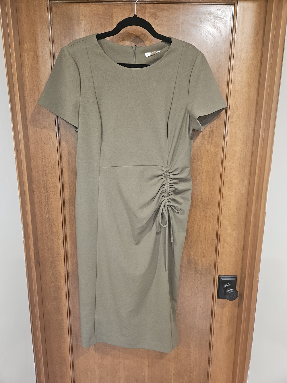 Calvin Klein Olive Green Short Sleeve Ruched Midi Dress